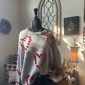 Pink Lily Gray Sweater with Red Heart Accents